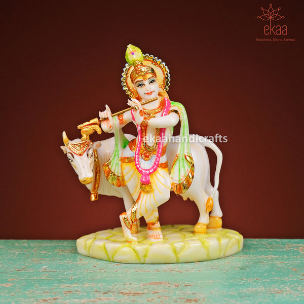 Krishna Statue with Cow in Culture Marble