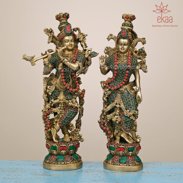 Brass Radha Krishna Statue with Stonework