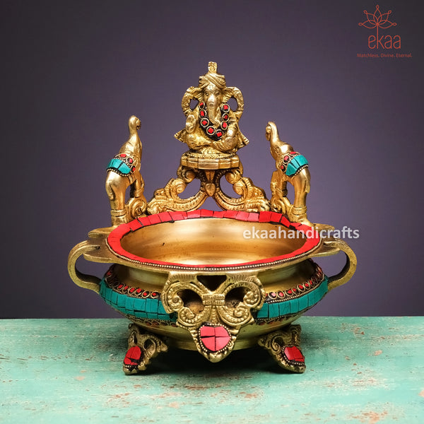 Traditional Brass Ganesh Urli bowl with Stonework