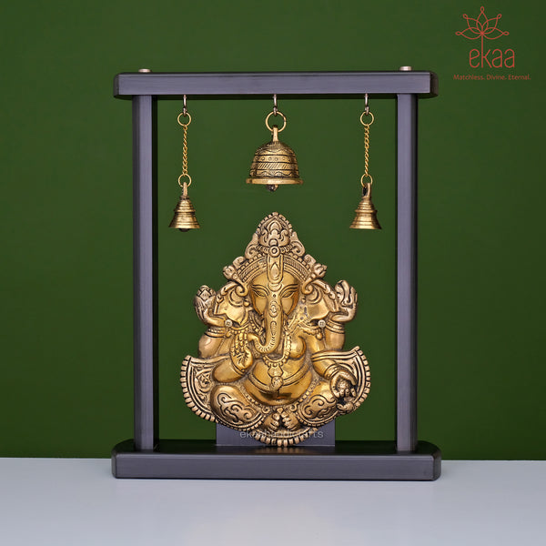 Brass Lord Ganesha with Temple Bells in Wooden Frame