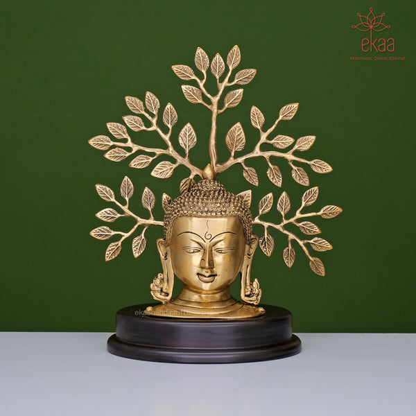 Brass Buddha With Tree of Life on Wooden Base