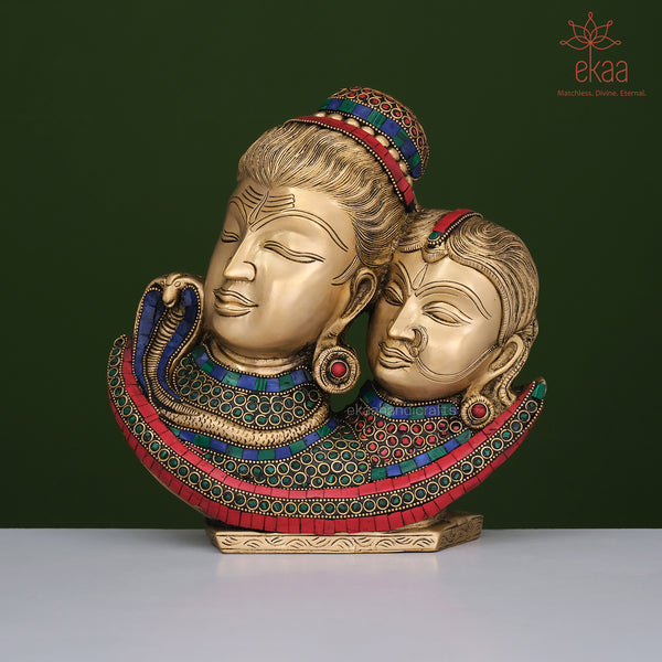 Shiva Parvati Bust in Brass with Stonework