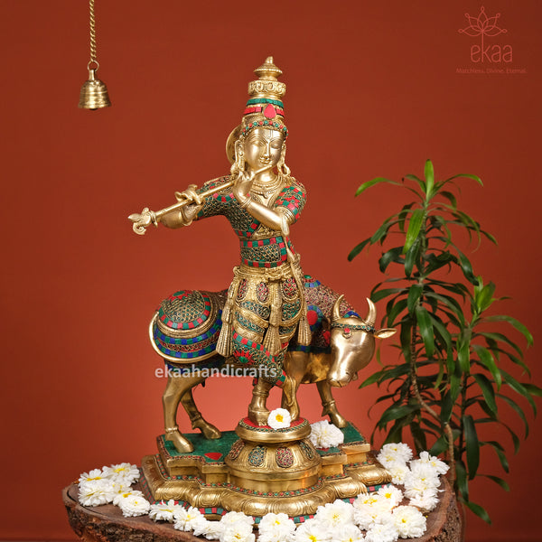 26" Brass Lord Krishna Playing Flute with Cow