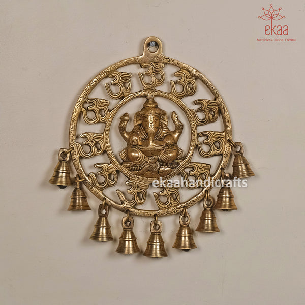 Brass Ganesha Wall Hanging with Bells and Om Decor