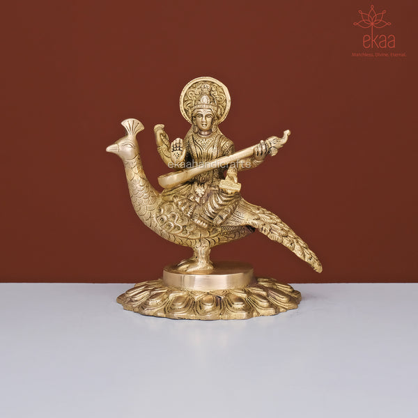 Brass Goddess Saraswati Sitting on Peacock