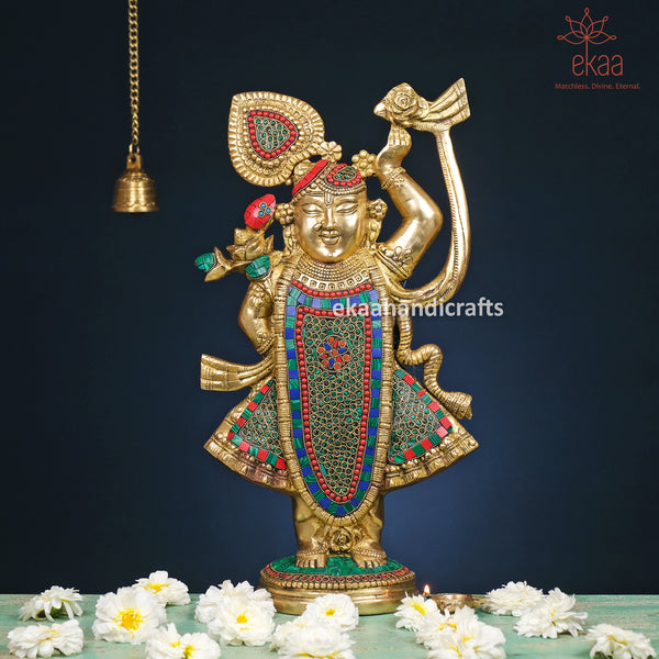 Brass Shreenathji Statue with Stonework 18"