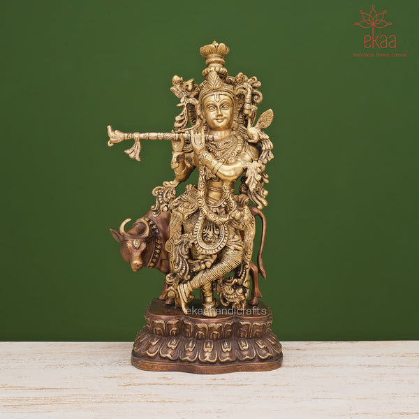 Krishna Statue with Cow in Brass