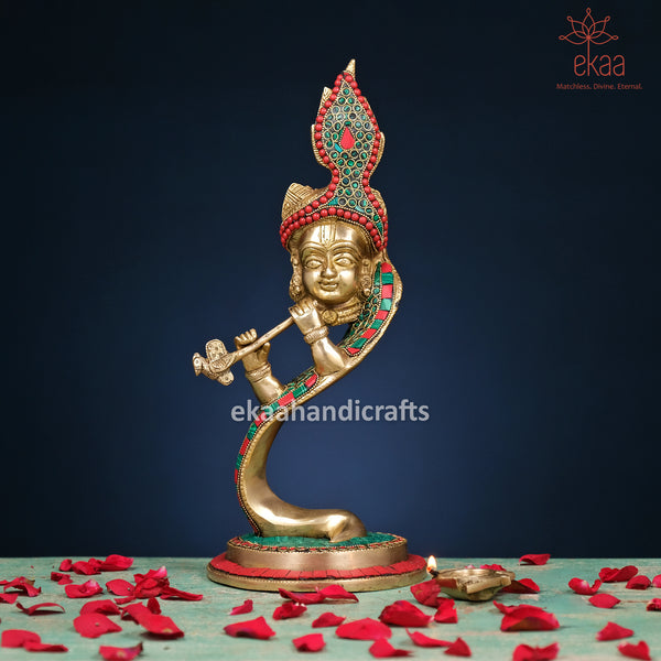 Brass Modern Krishna Idol Playing Bansuri in Stonework