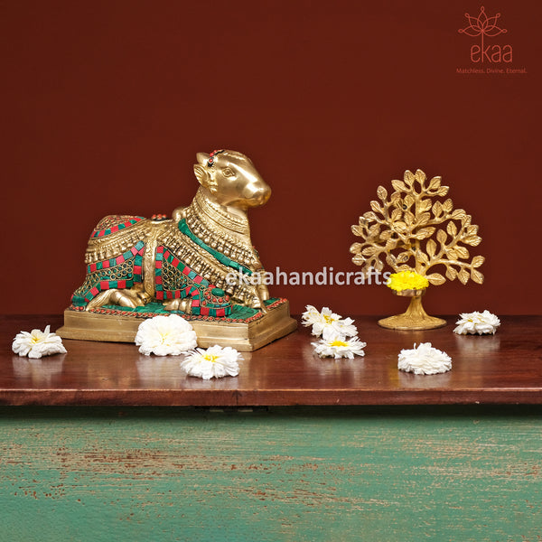 Brass Nandi Cow Statue with Stonework