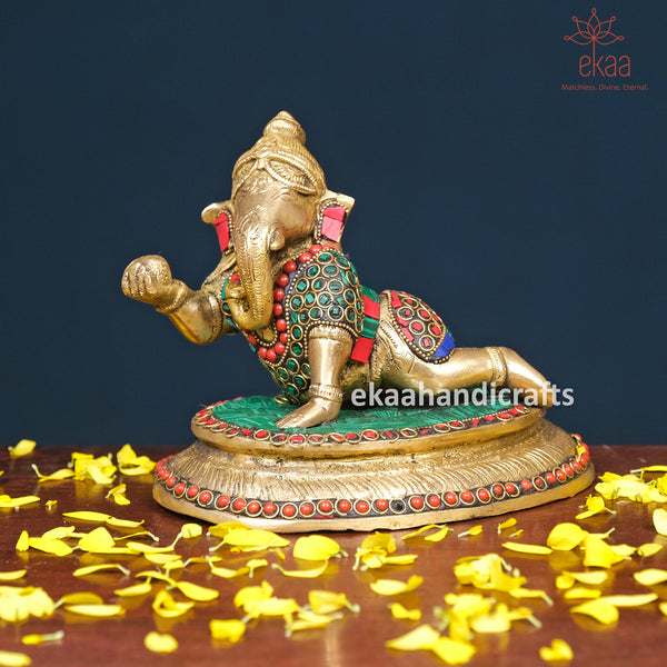 Brass Baby Ganesha Idol in Stonework