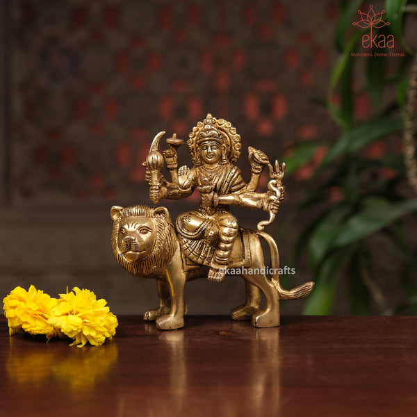 Goddess Durga Statue on Lion in Brass