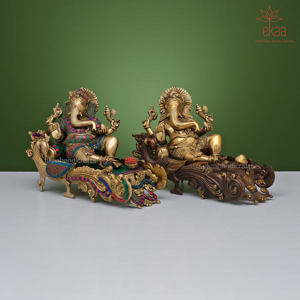 Resting Ganesha Statue in Brass with Stonework