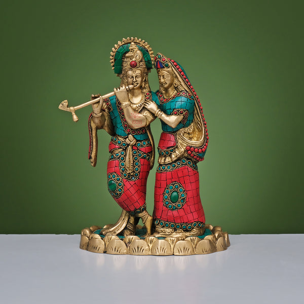 10.5" Radha Krishna Statue with Stonework in Brass