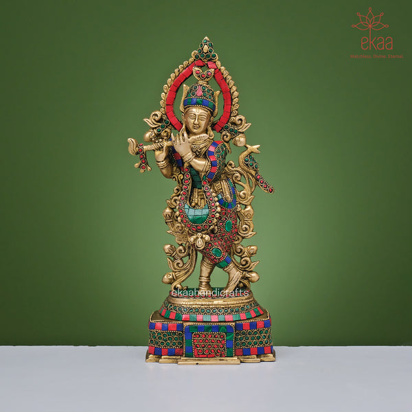 Brass Krishna Statue with Stonework for Home Temple