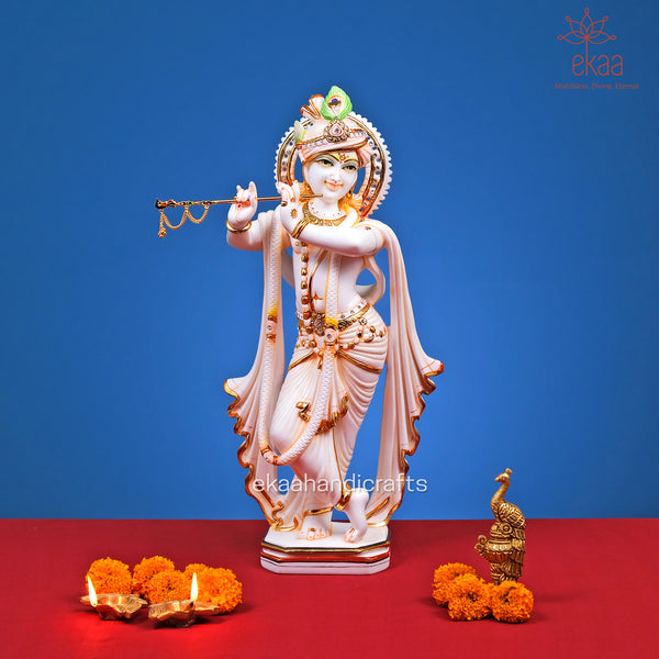 Krishna Statue Playing Flute in Cultured Marble