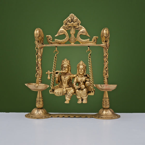 Radha Krishna Statue on Swing with Diya