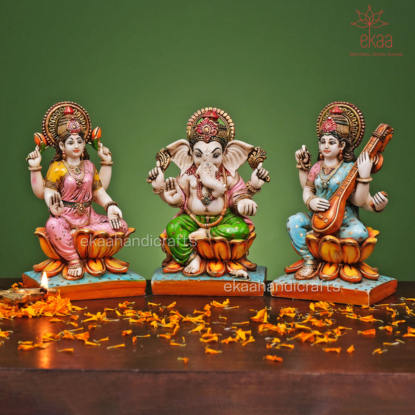 Lord Ganesha, Goddess Lakshmi & Saraswati Idols Marble Dust