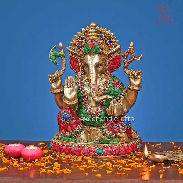 Ganesha Statue in Brass with Stonework