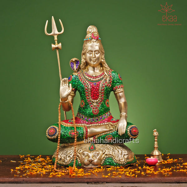 Lord Shiva with Trishul in Brass and Stonework