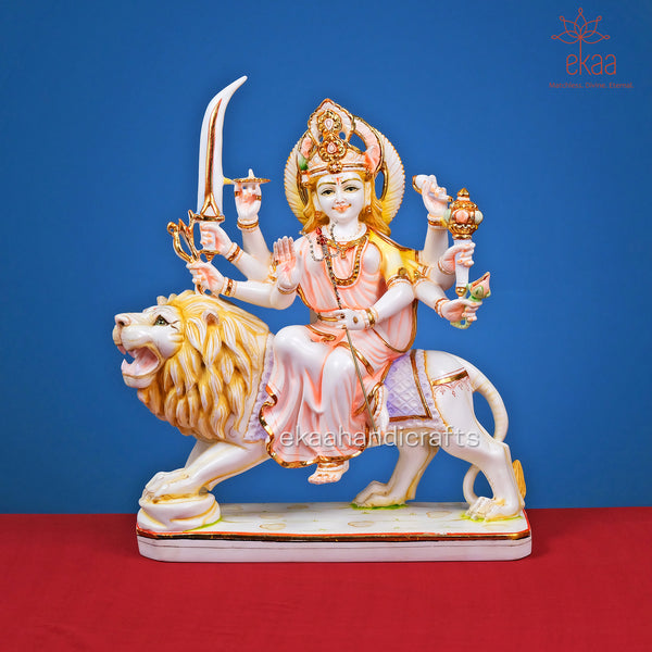 Goddess Durga Idol Sitting on Lion, Hand Painted Durga in Culture Marble