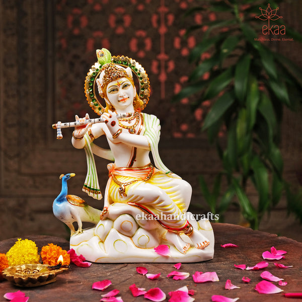 9" Krishna Idol Playing Flute in Cultured Marble