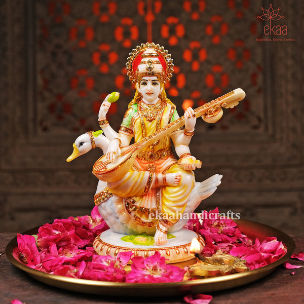 8" Goddess Saraswati Idol Playing Veena with Swan