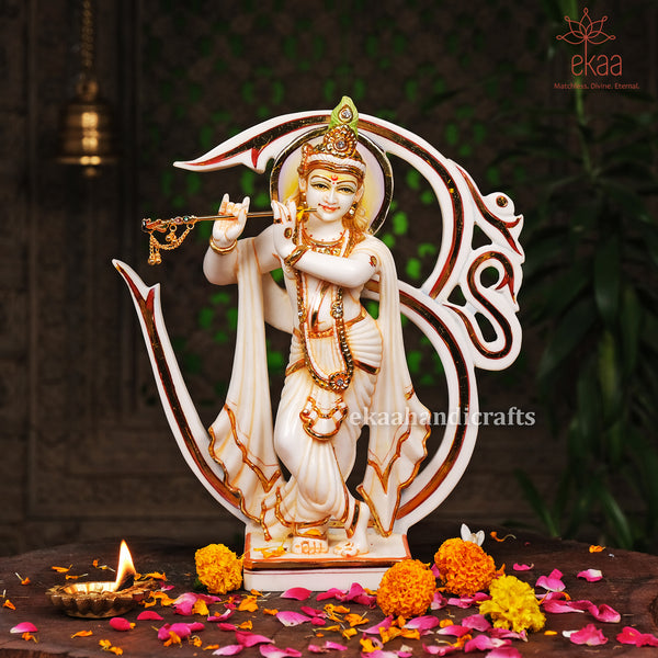 Krishna Statue with OM Hand Painted in Cultured Marble- 9" | 11"