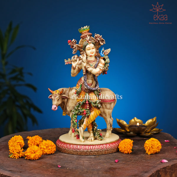 Lord Krishna Statue with Cow Marble Dust