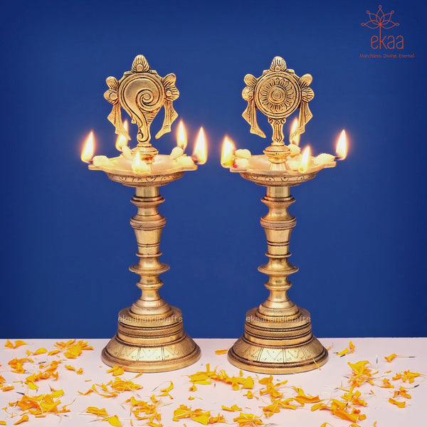 Brass Vishnu Shankh Chakra Diya Lamp Stand