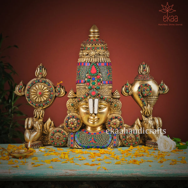 Brass Tirupati Balaji Bust Statue with Stonework Idol