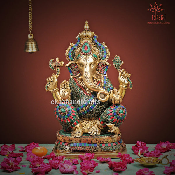 Lord Ganesha Statue for Temple Pooja Ganesha Idol Brass with Stonework