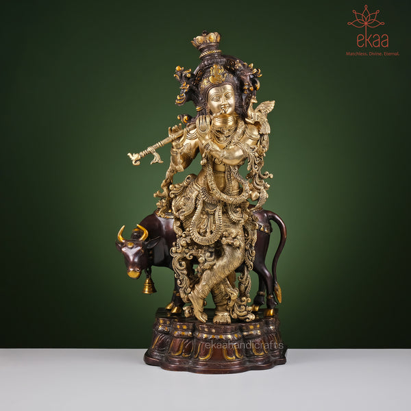 Brass Krishna Statue with Cow, Large Size Krishan Décor Idol