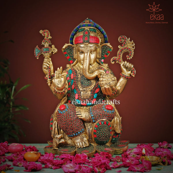 Lord Ganesha Statue on Lotus Brass with Stonework