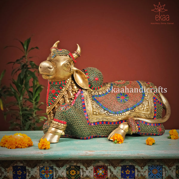 Brass Nandi Cow Sitting Statue Figurine Home Décor with Stonework