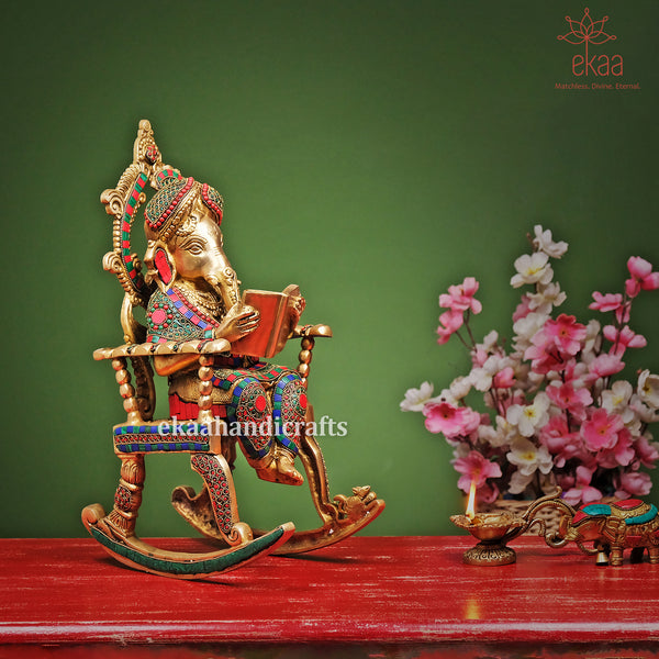 Lord Ganesha Statue on Rocking Chair in Brass
