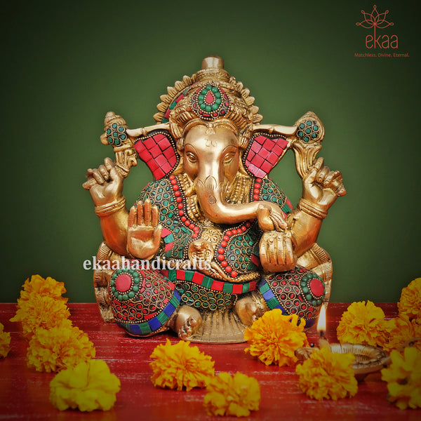 Brass Lord Ganesha Statue Temple with Stonework