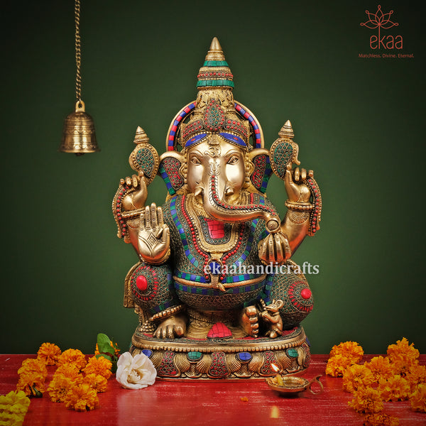 Lord Ganesha Statue Sitting Brass with Stonework