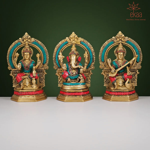 Brass Lord Ganesha, Goddess Lakshmi, Goddess Saraswati Idols with Stonework