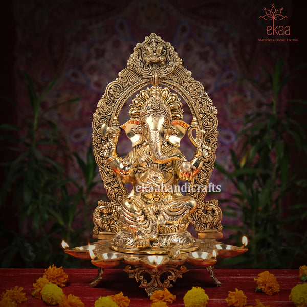 Brass Lord Ganesha Idol with 5 Oil Diya Holder Ganesha Statue for Home Temple