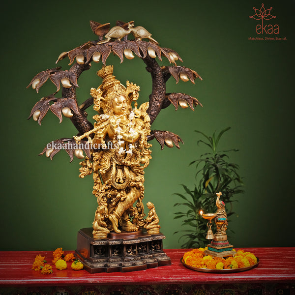 Brass Lord Krishna Statue for Home Temple Krishan Under Tree Showpiece