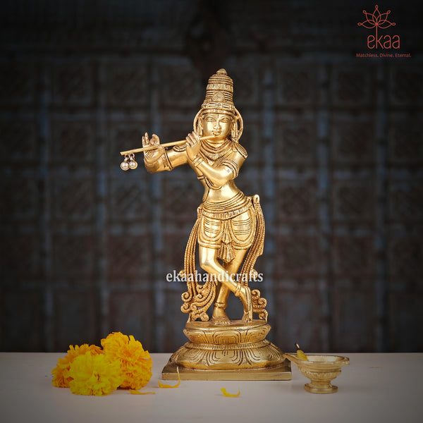 Brass Lord Krishna Statue Playing Flute