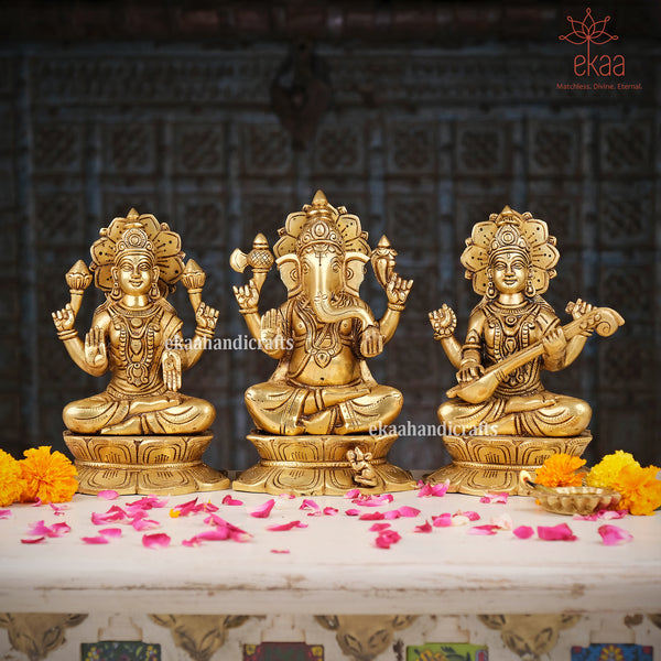 Brass Lord Ganesha, Goddess Lakshmi and Saraswati Statue