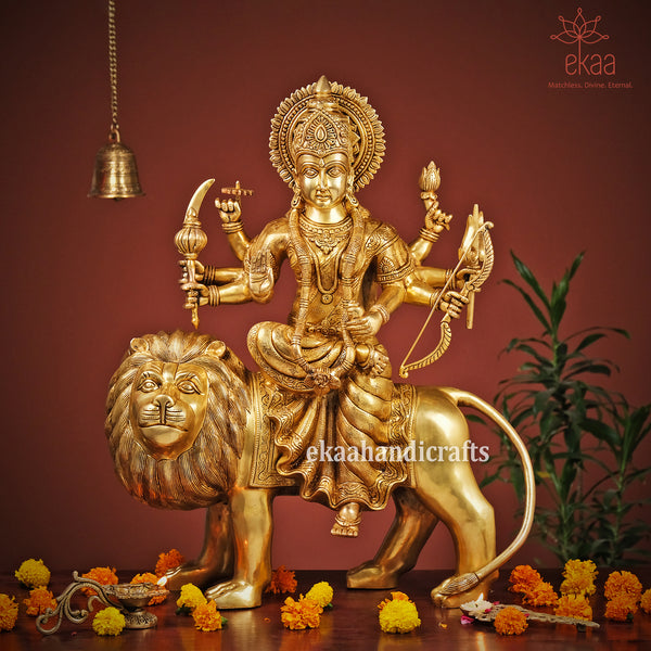 Brass Goddess Durga Statue on Lion for Home Temple