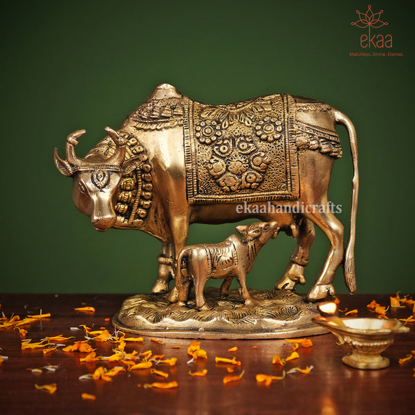 Brass Cow and Calf Idol Figurine Home Décor Kamdhenu Showpiece