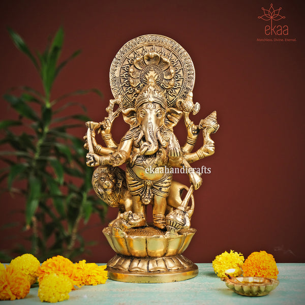 11.5" Brass Dhrishti Ganesha Statue with Lion for Pooja