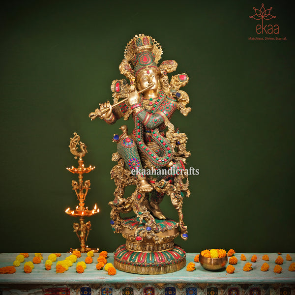 Krishna Statue in Brass with Stonework