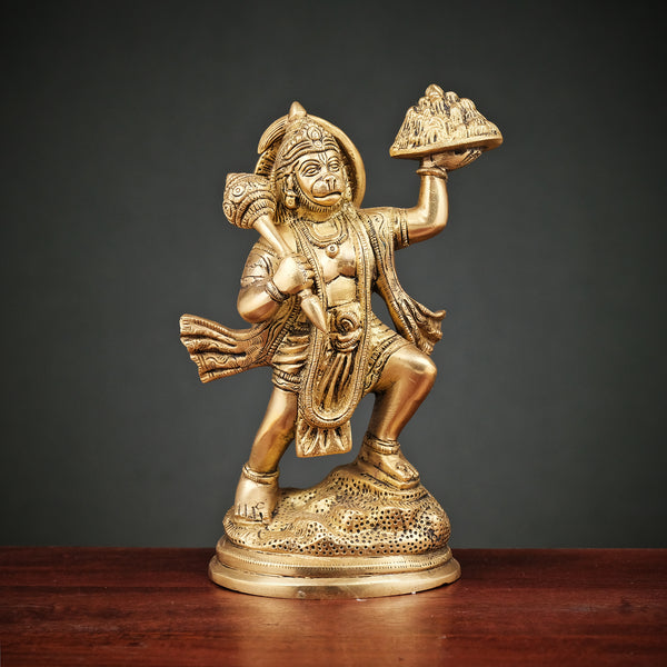 Brass Lord Hanuman Idol Holding Sanjeevi Booti Mountain