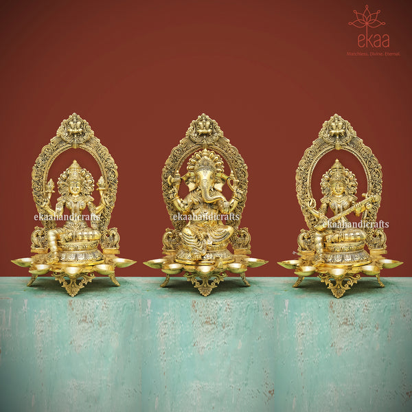 Brass Lord Ganesha, Goddess Lakshmi & Saraswati with 5 Oil Diya Holder