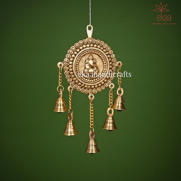 Brass Lord Ganesha hanging with 5 Bells Home Temple Décor