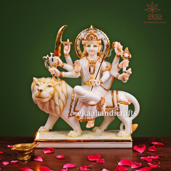 10" Goddess Durga Idol Sitting on Lion, Hand Painted Durga in Marble
